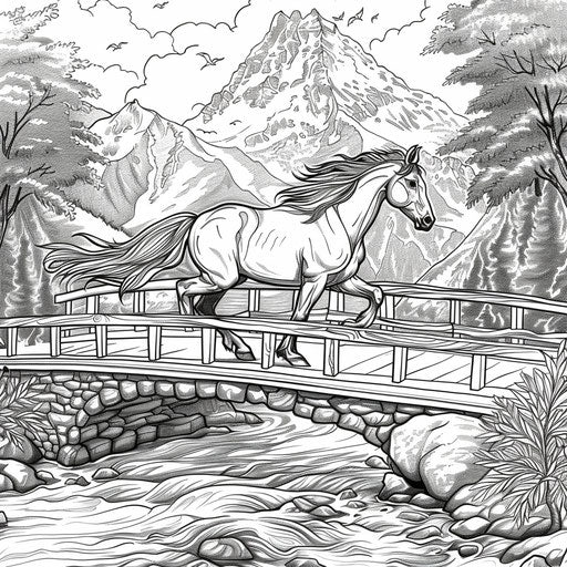 A horse running on a bridge with mountains in the background