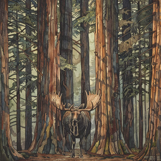 A moose standing among towering redwoods, dwarfed by their grandeur.