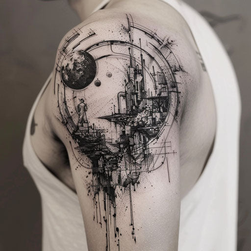 Futuristic shoulder tattoos for men: advanced technology and alien landscapes