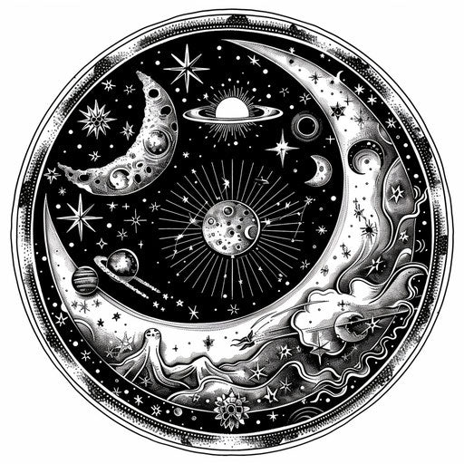 Zodiac wheel with constellations and celestial patterns