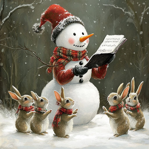 A cheerful snowman leads a choir of rabbits with scarves and music sheets.