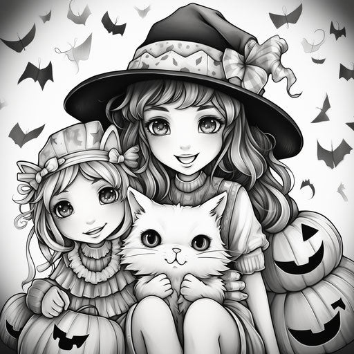 Coloring page with a cute witch and friends