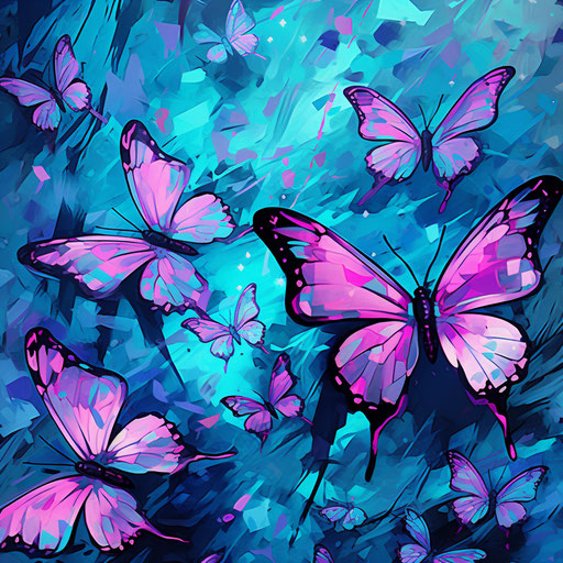 Blue and purple watercolor butterflies in digital glitchy style
