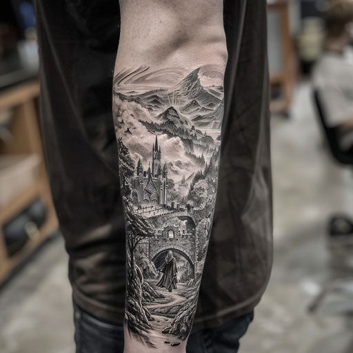 Men's forearm tattoo inspired by Middle-earth scene