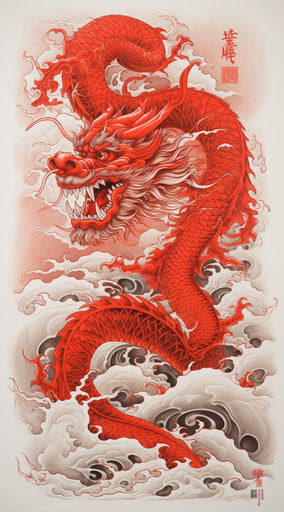 Red dragon in Chinese print, loose linework style, classic tattoo