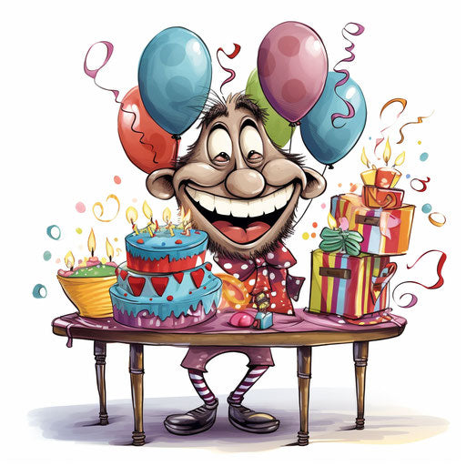 Funny happy birthday illustration in the style of Chiaroscuro Art, on a white background