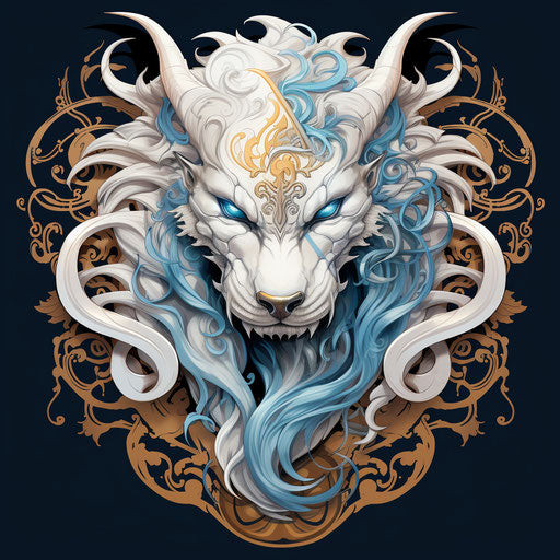 The head of a white dragon in Himalayan art style, mysterious symbolism, street art, silver and blue