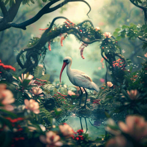 Ibis in a whimsical garden with playful details
