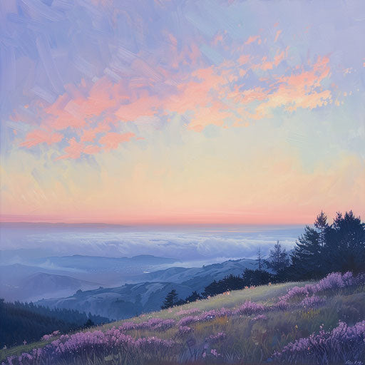 Peaceful sunrise over Mount Tamalpais, soft pastel colors