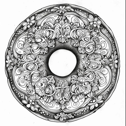 Intricately Designed Donut with Mandala Patterns. Coloring Page
