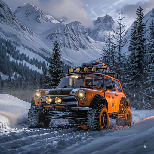 1980 Mini Cooper with fat tires and rally lights, ready for extreme winter sports adventure