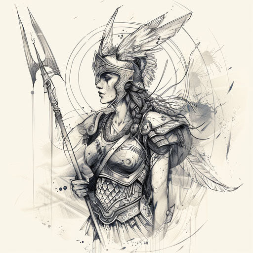 Dynamic flat tattoo sketch of Freya in battle armor wielding a spear