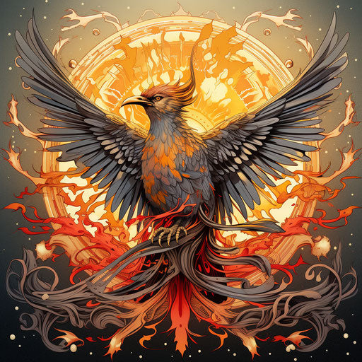 Solar bird with oriental feathers, majestic figures