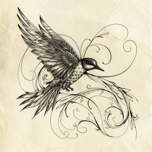 Ink pen sketch of a swallow tattoo on white background