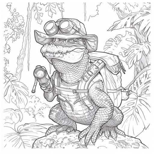 Crocodile explorer in the jungle with hat and binoculars