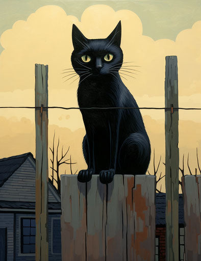 A black cat standing on a fence