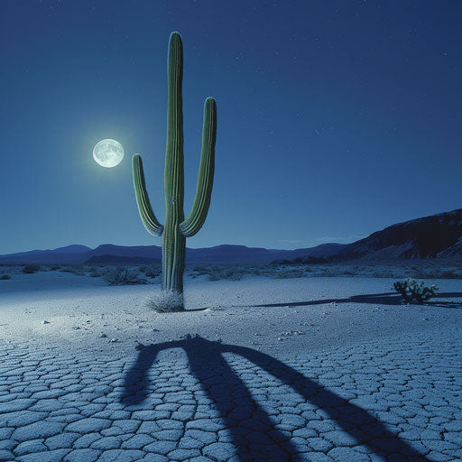 Cactus under moonlight, shadow on sand, mystical desert vibe