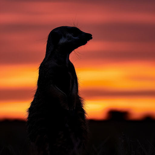 Silhouette of meerkat at sunset, dramatic sky colors