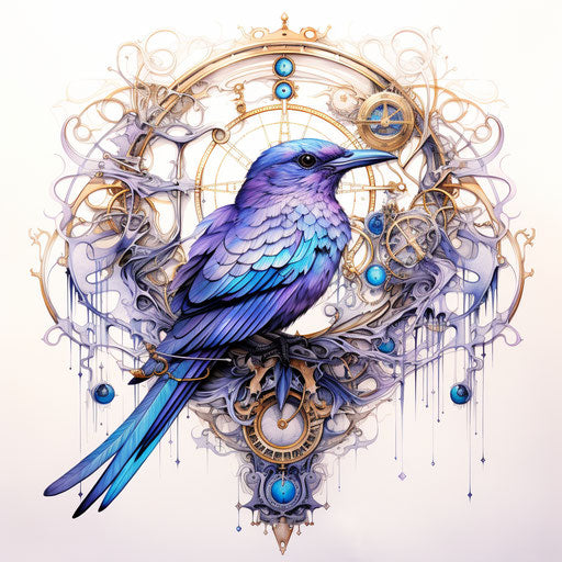 Blue bird with dream catcher, tattoo style, geometric designs