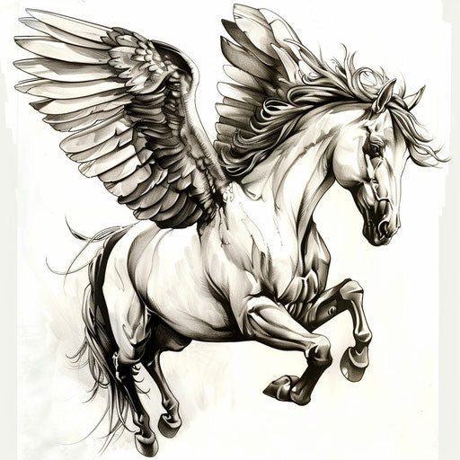 Mythical Pegasus flying, captured as dynamic Greek art
