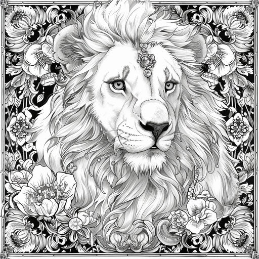 Exotic lion adorned with jewels in the style of Raqib Shaw coloring book page