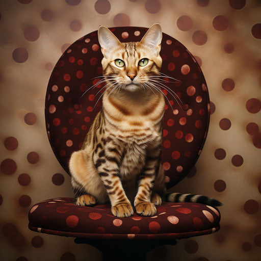 Cat on computer chair, marbled and polka dot style
