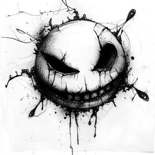Dark-themed gothic smiley face tattoo design, black and grey, on white