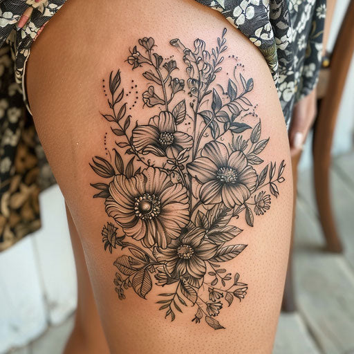 Thigh tattoo with detailed floral designs
