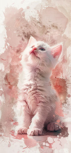 White kitten sitting, anime art style, light pink and amber, stains/washes, lively illustrations, sparklecore, watercolorist, animal depictions