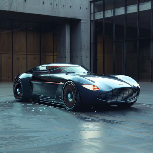 Retro-futuristic Aston Martin DB6 with electric propulsion and holographic displays, envisioned in 2050.
