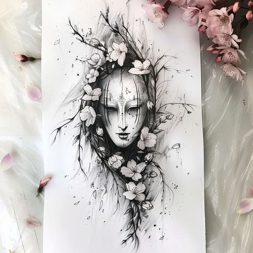 Elegant flat tattoo sketch of No-Face surrounded by ethereal cherry blossoms