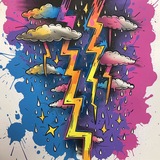 Vibrant flat tattoo sketch of a rainstorm with raindrops and lightning bolts