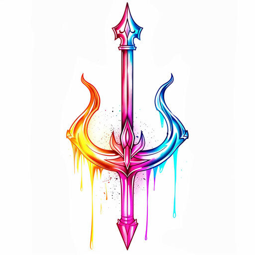 Vibrant trident tattoo design in neon colors on white background