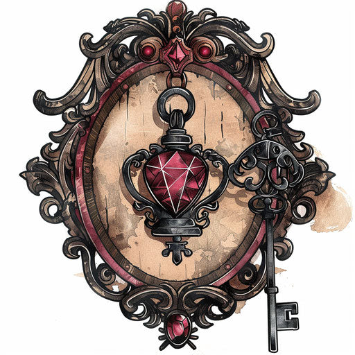 Rustic sketch of a vintage lock and key with ruby centerpiece, antique red and bronze, clipart style