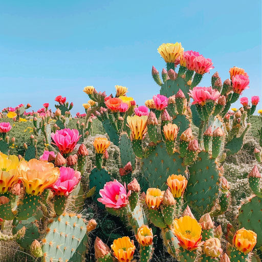 Blooming cacti field under a clear blue sky