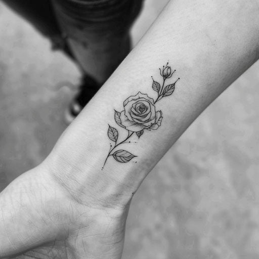 Sketch of a delicate rose with leaves and thorns for wrist coverup tattoo for women