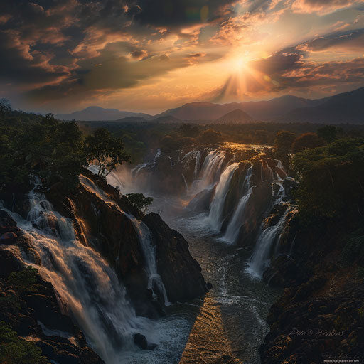 Hogenakkal Falls with dramatic scenery and deep shadows