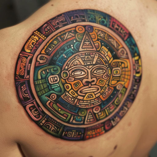 Cosmic Mayan calendar tattoo, colorful celestial bodies