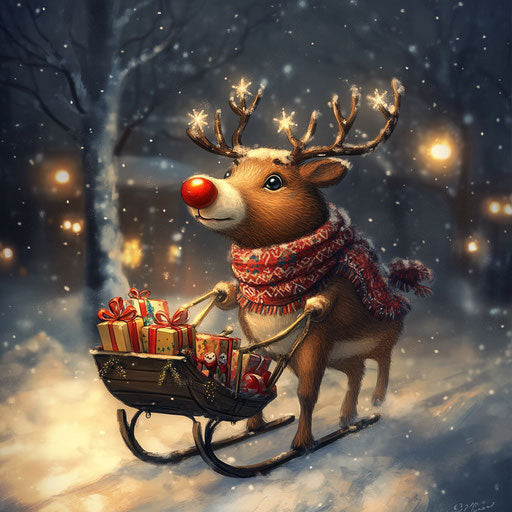 Rudolph and his shiny sled of gifts
