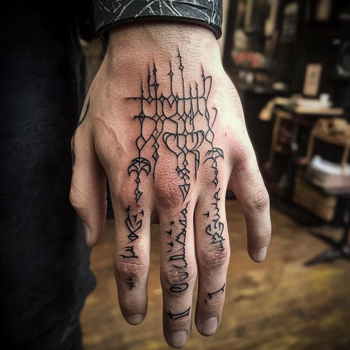 Simple hand tattoos in the style of Peter Jackson with elvish script and symbols