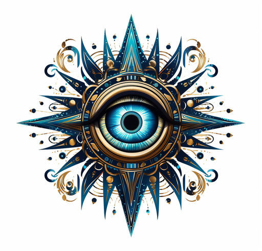 The eye of tishreide: symbol with star, crescent, arrows and tribal abstraction background