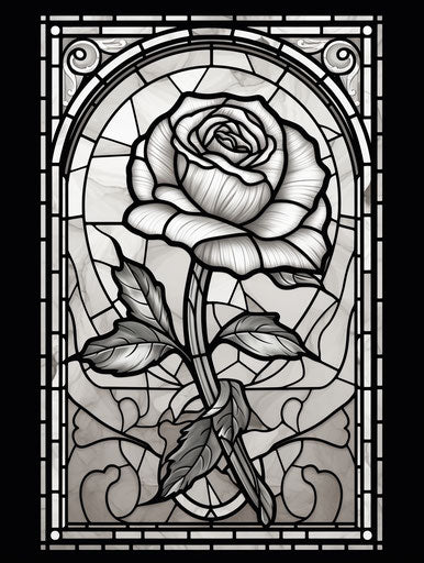 Stained glass rose coloring page, victorian style, intricately sculpted