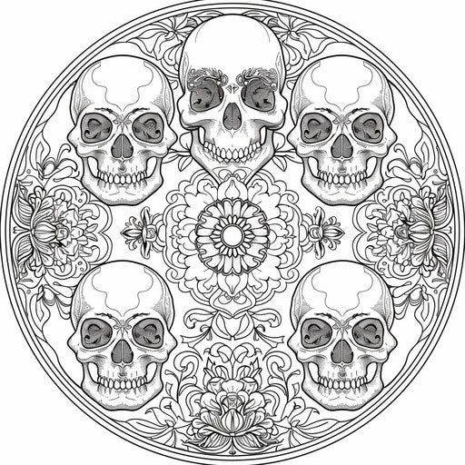 Floral Halloween mandala with skulls - Coloring book page