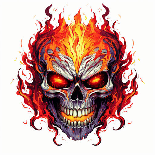 Fire skull on white background, edgy caricature style, dark yellow and light red, thriftcore, auto body works, mythological references, heavy lines