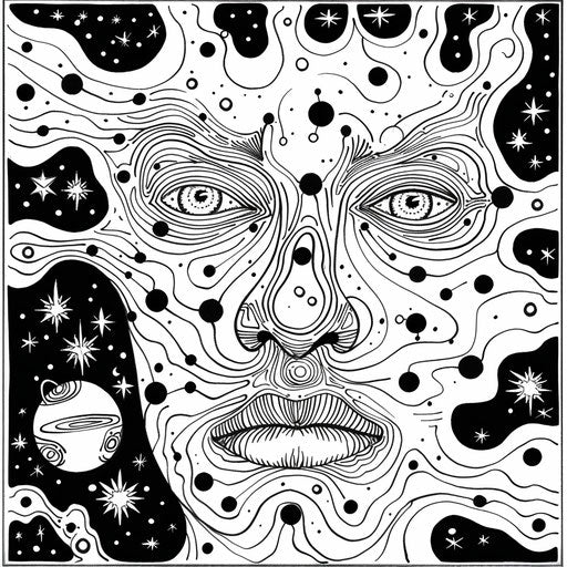 A cosmic face with planetary and star patterns, in the style of Jen Bartel, Coloring book page