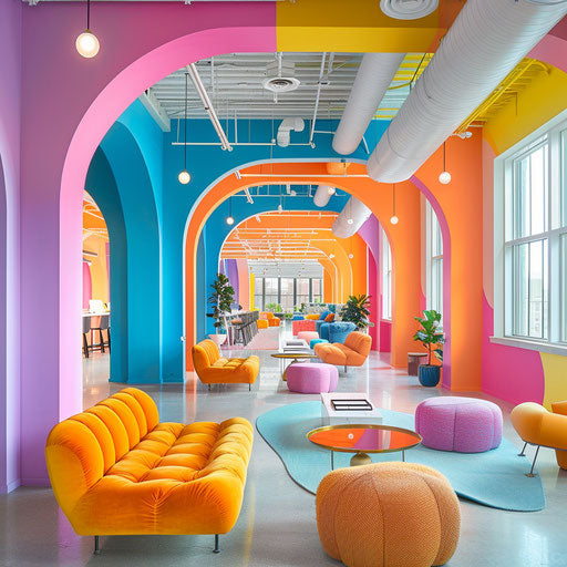 Vibrant creative agency with open workspaces and colorful accents