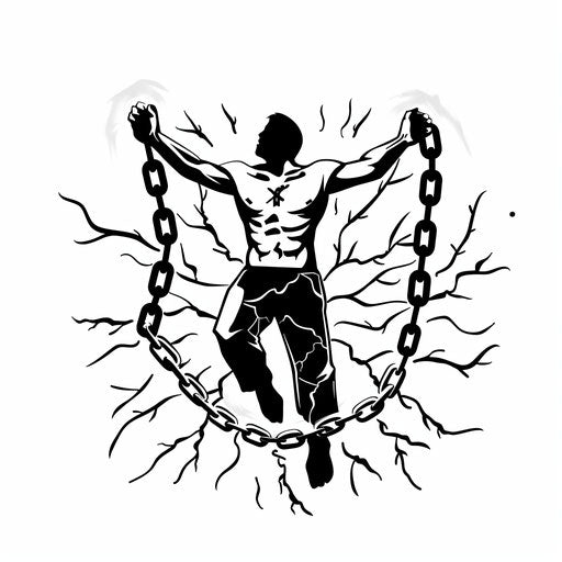 Bold sketch of a human silhouette breaking free from chains, freedom theme