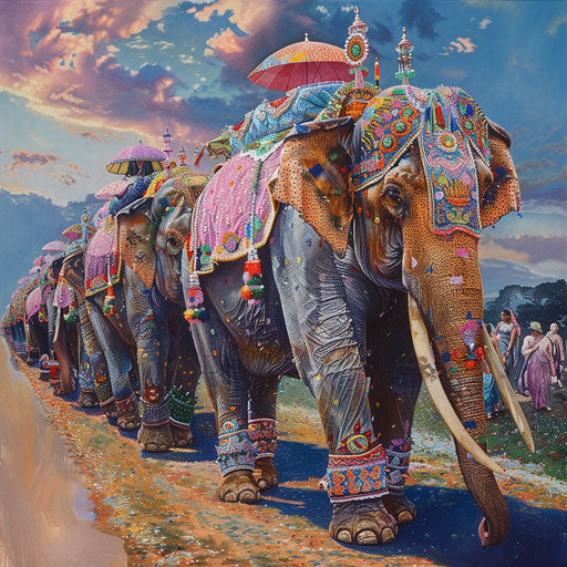 Elephant parade adorned in vibrant cultural garments