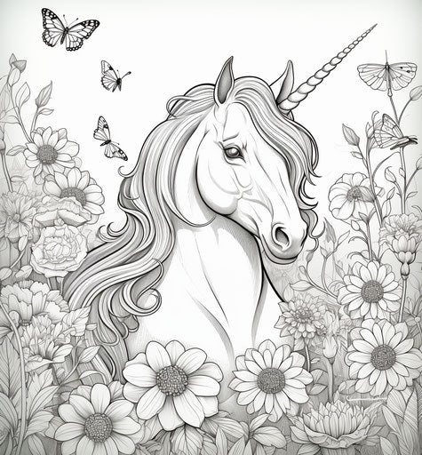 Unicorn in flower and butterfly garden coloring page