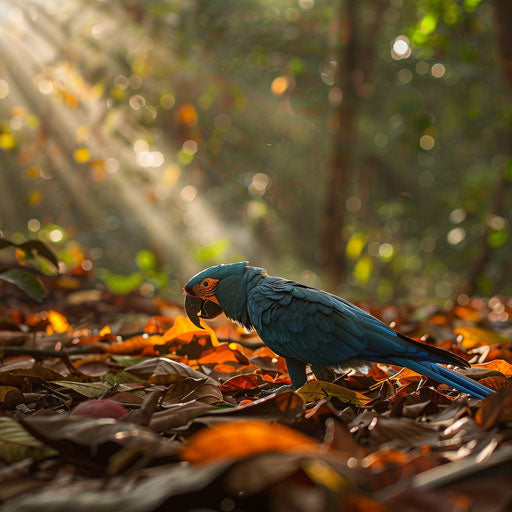 Spix's macaw foraging in forest surrounded by fallen leaves